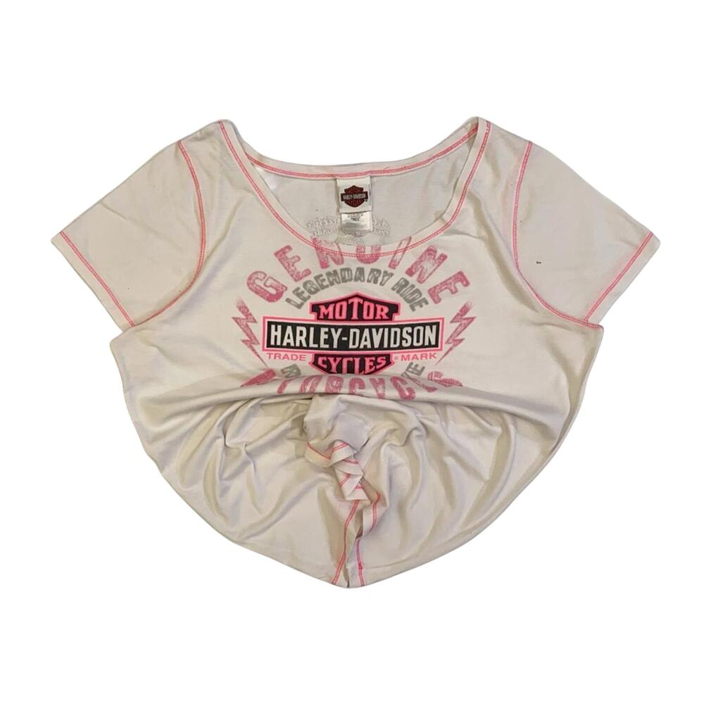 Harley Davidson Flame Skull Pink Stitch Baby Doll T Shirt White XL Made USA